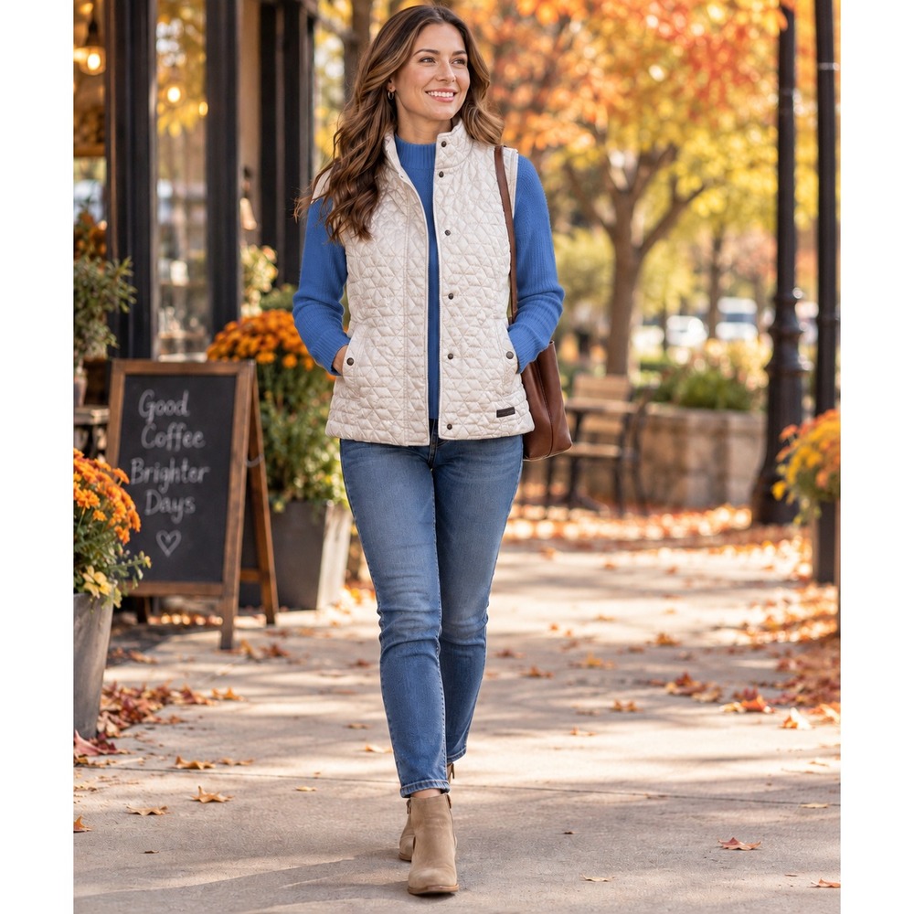 GH Bass & Co Women XL Quilted Puffer Vest Cream Snap Front GWJG16010